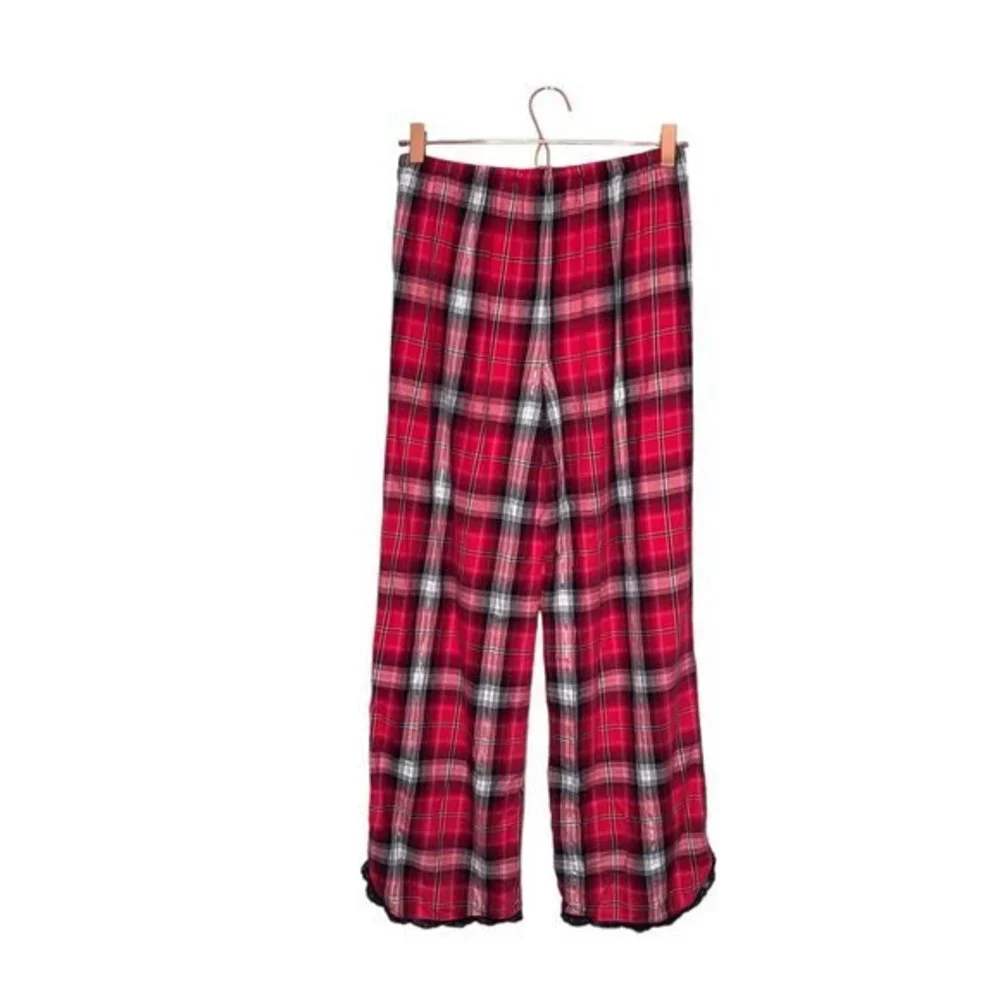 Victoria's Secret XS Red Black Cotton Blend‎ Lace Trim Plaid Pajama Lounge Pants